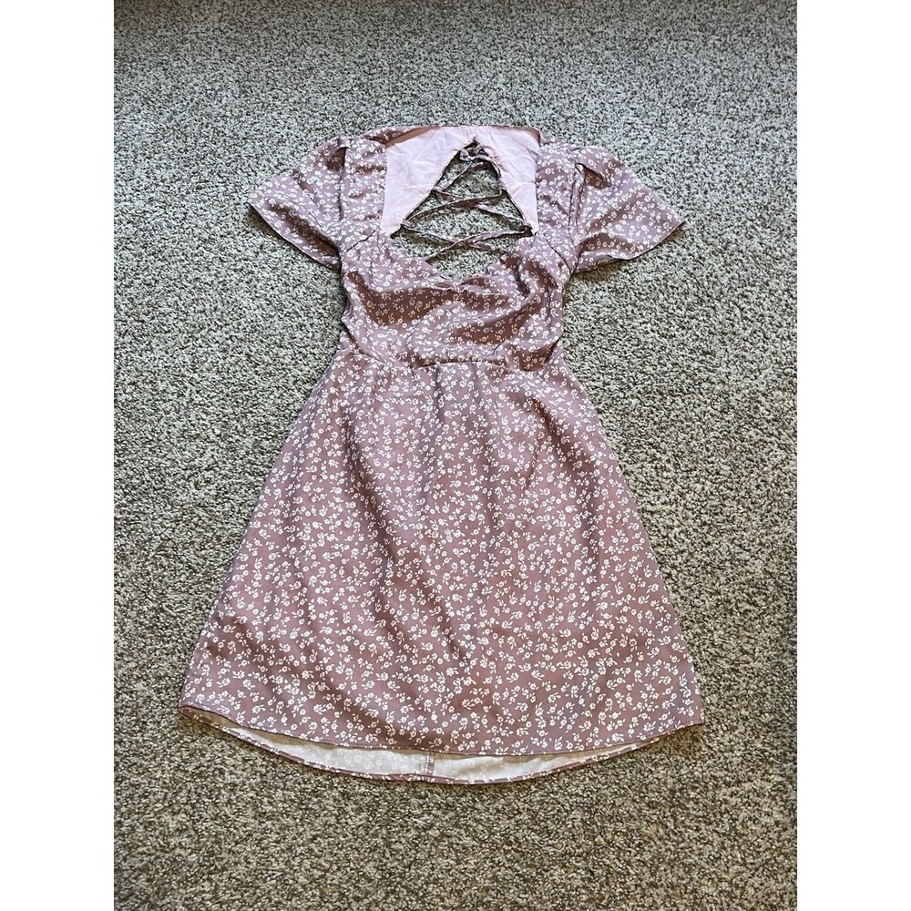 Women's White Fox Pink Floral Short Dress, Tie Back, Small